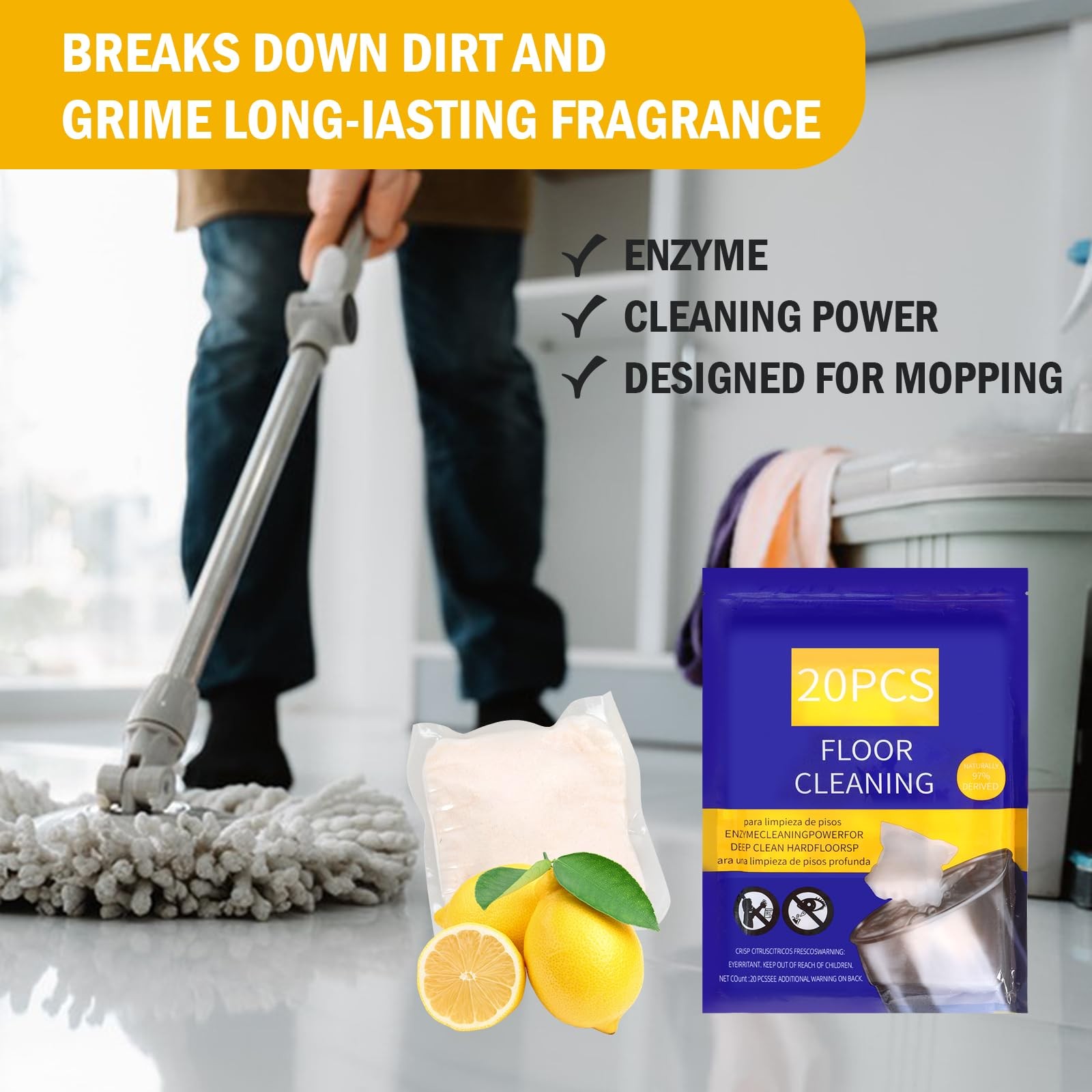 Hard Floor Cleaner, Lemon Fresh Scent, 20 count (1 Packet) | Made From 97% Na…