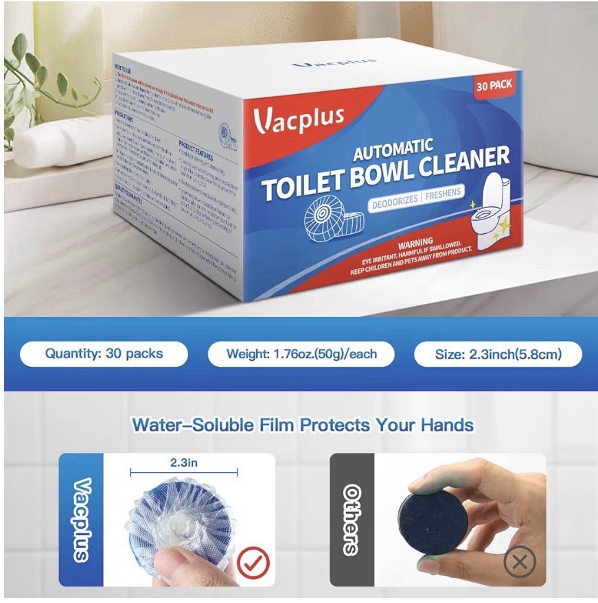 Vacplus Toilet Bowl Cleaner Tablets 30 Pack Deodorizes Freshens 15 Days 1.76oz