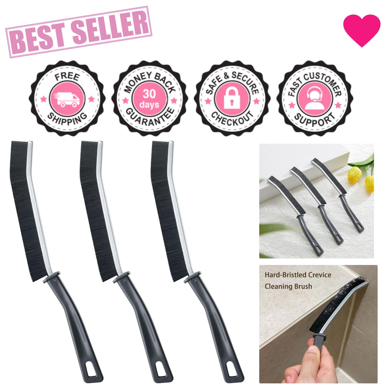 Durable 3-Piece Crevice Cleaning Brush Set with Hanging Hole for Easy Storage