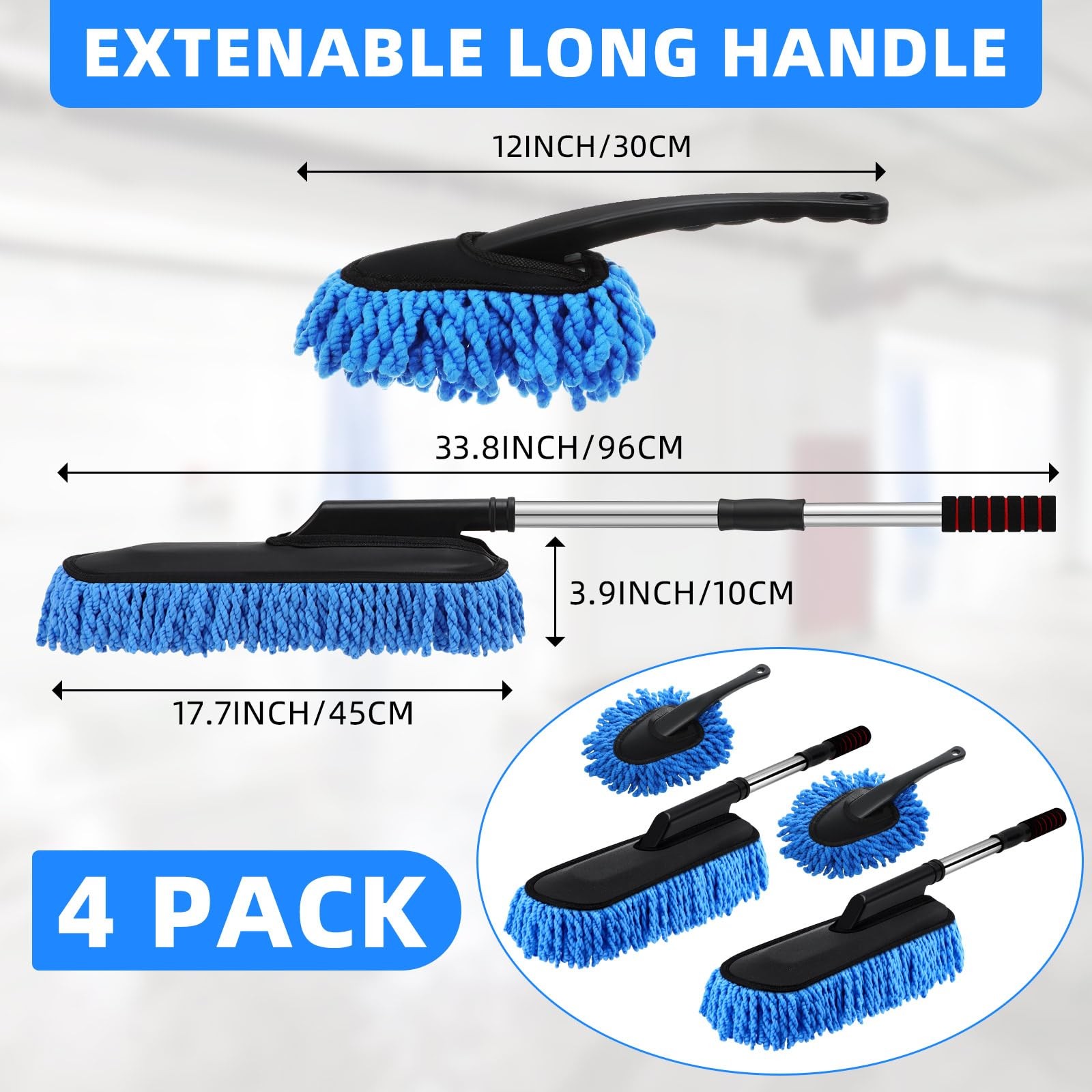 4 Pack Large Microfiber Car Duster with Extendable Handle for Interior Exterior