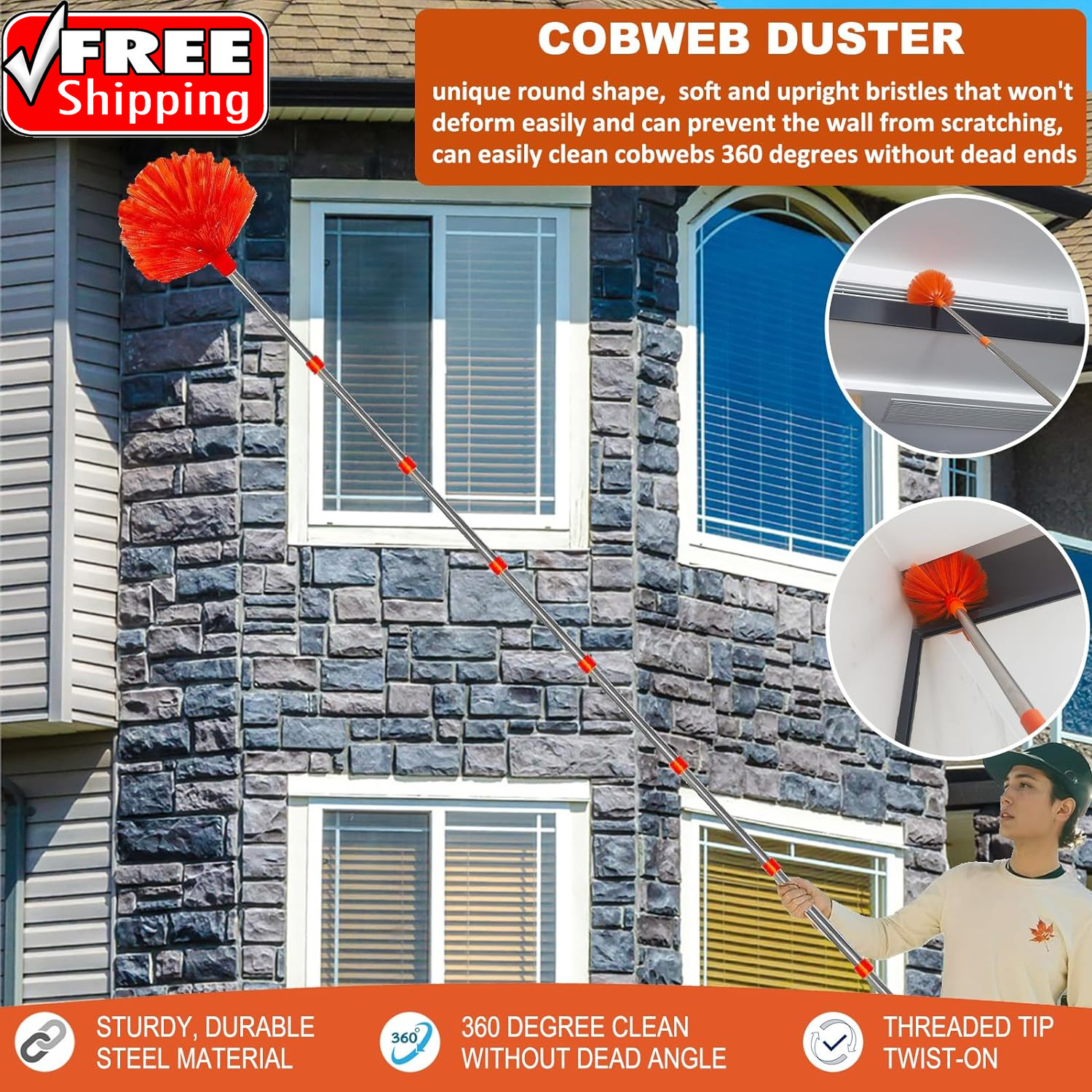 20 Feet High Reach Duster Kit with 2-14 Ft Extension Pole, Cobweb & Corner Brush