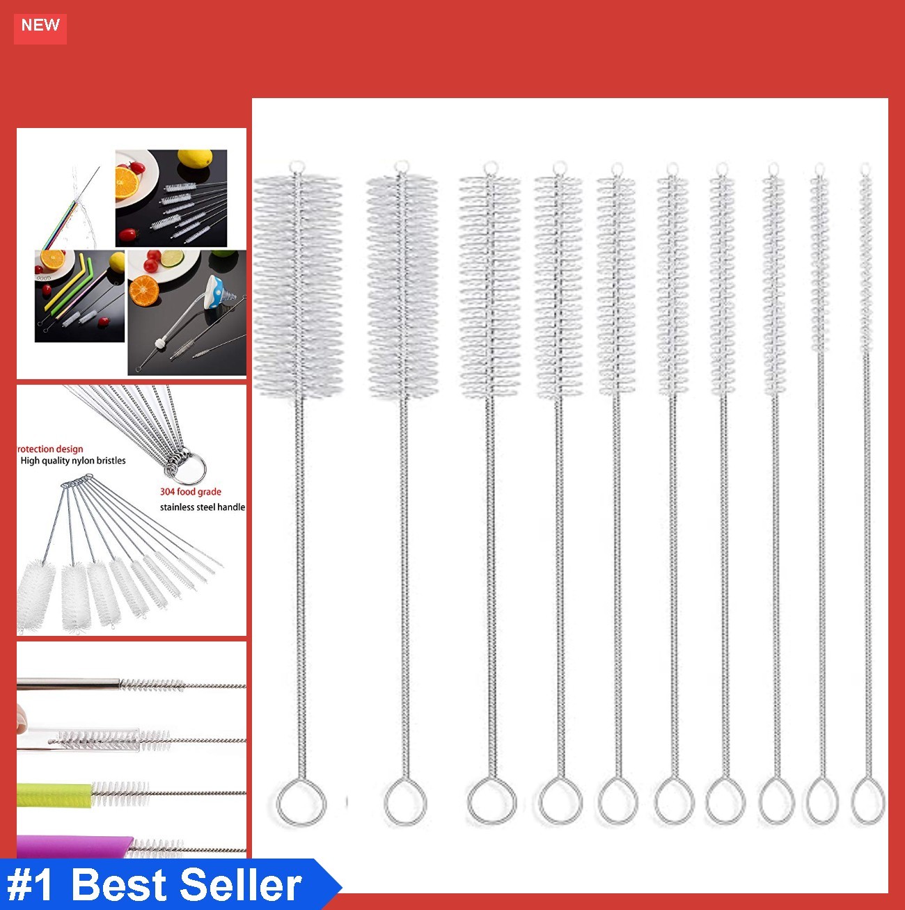 Long Straw Brush Nylon Pipe Tube Cleaner 10 Piece Set 8 Inch Assorted Sizes