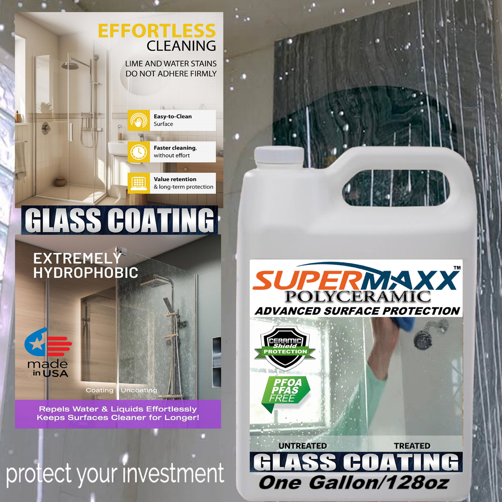 SUPERMAXX SHOWER GLASS DOOR HYDROPHOBIC CERAMIC COATING – ‘ONE GALLON VALUE’