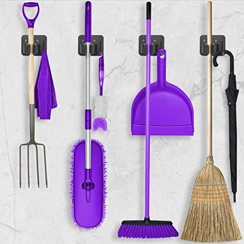 Stainless Steel Broom Mop Holder Wall Mount Rack 4 Gripper Positions 4 Hooks Bla