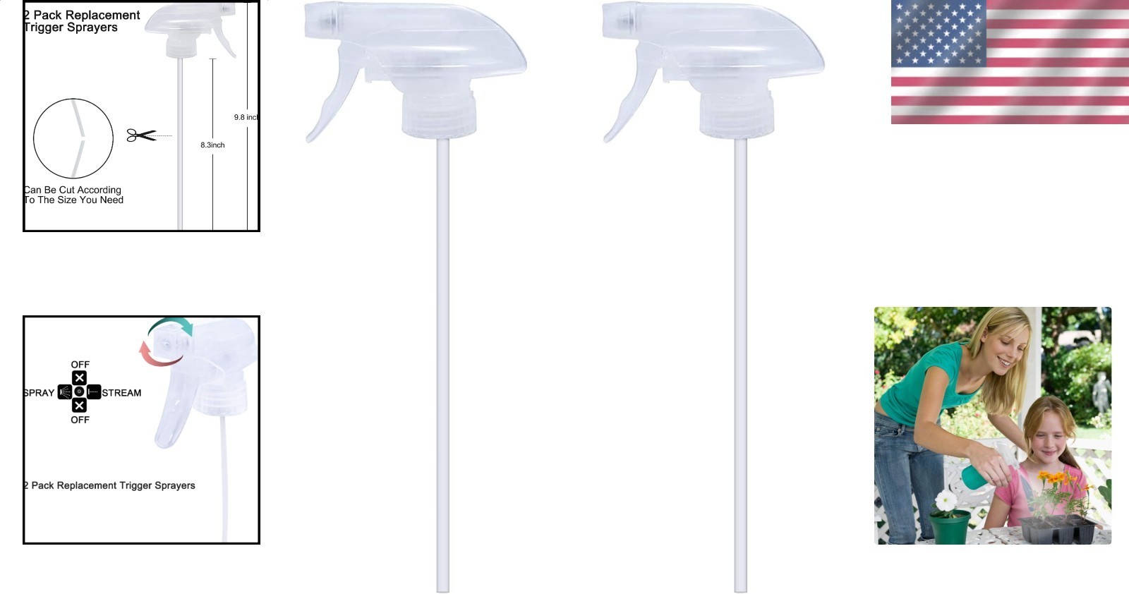 Replacement Spray Bottle Trigger Nozzles 2 Clear Mist Stream for 8oz Bottles