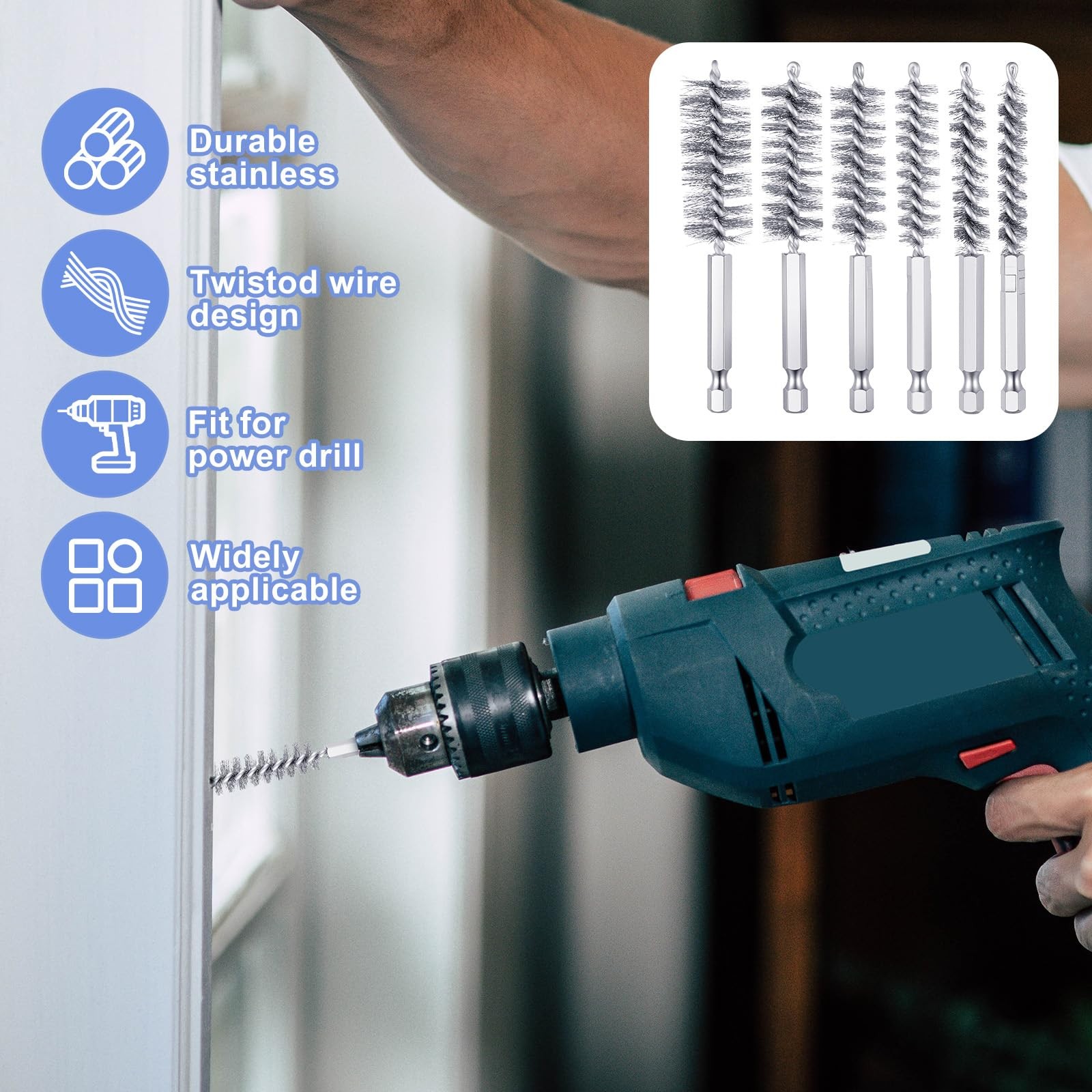 6 Pcs Stainless Steel Bore Brush Twisted Wire Drill Brush with 1/4″ Hex Shank