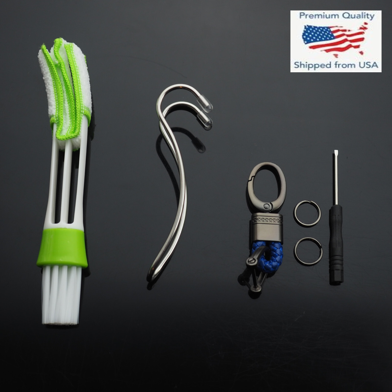 3pc Car Seat Hook Hanger – Vent Blinds Brush – Blue Woven Leather Key Fob Holder