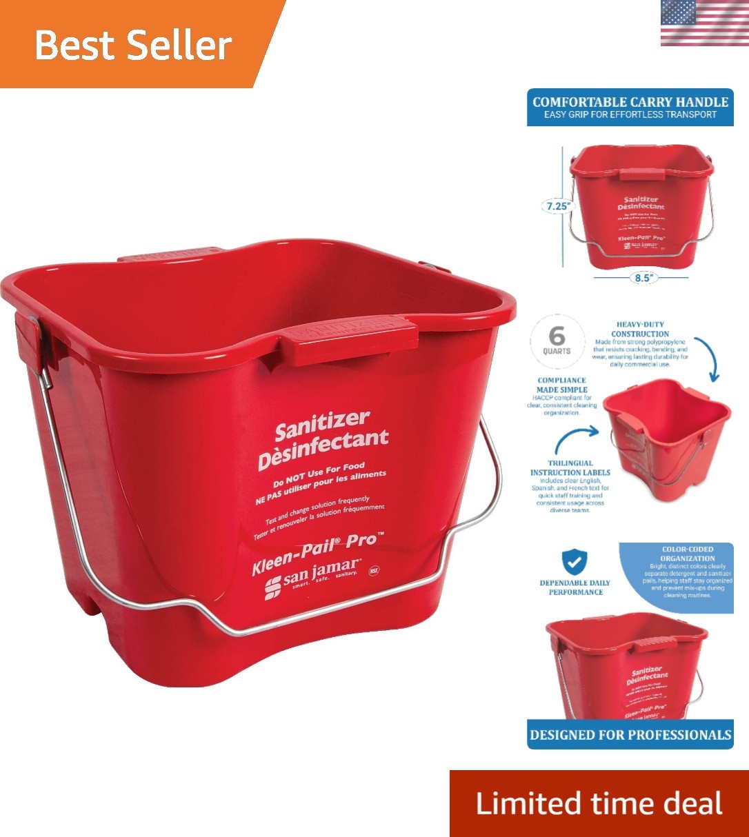 Kleen-Pail Pro 6-Quart Red Bucket for Safe Cleaning Practices – HACCP Compliant