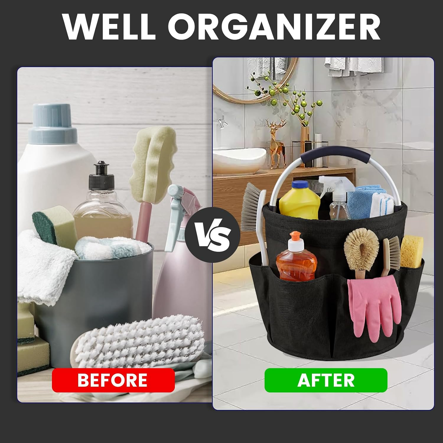 Cleaning Caddy with Handle and 6 Pockets, 17L Cleaning Supplies Organizer, 600D