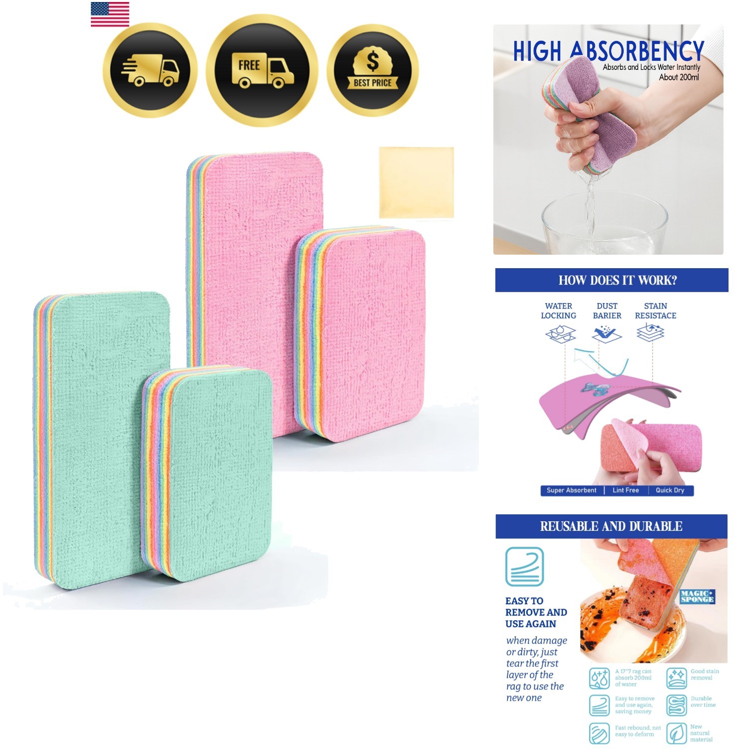Peelable Microfiber Sponges 4 Pack – 12-Layer Tear Away PVA Cleaning Pads, Ul…