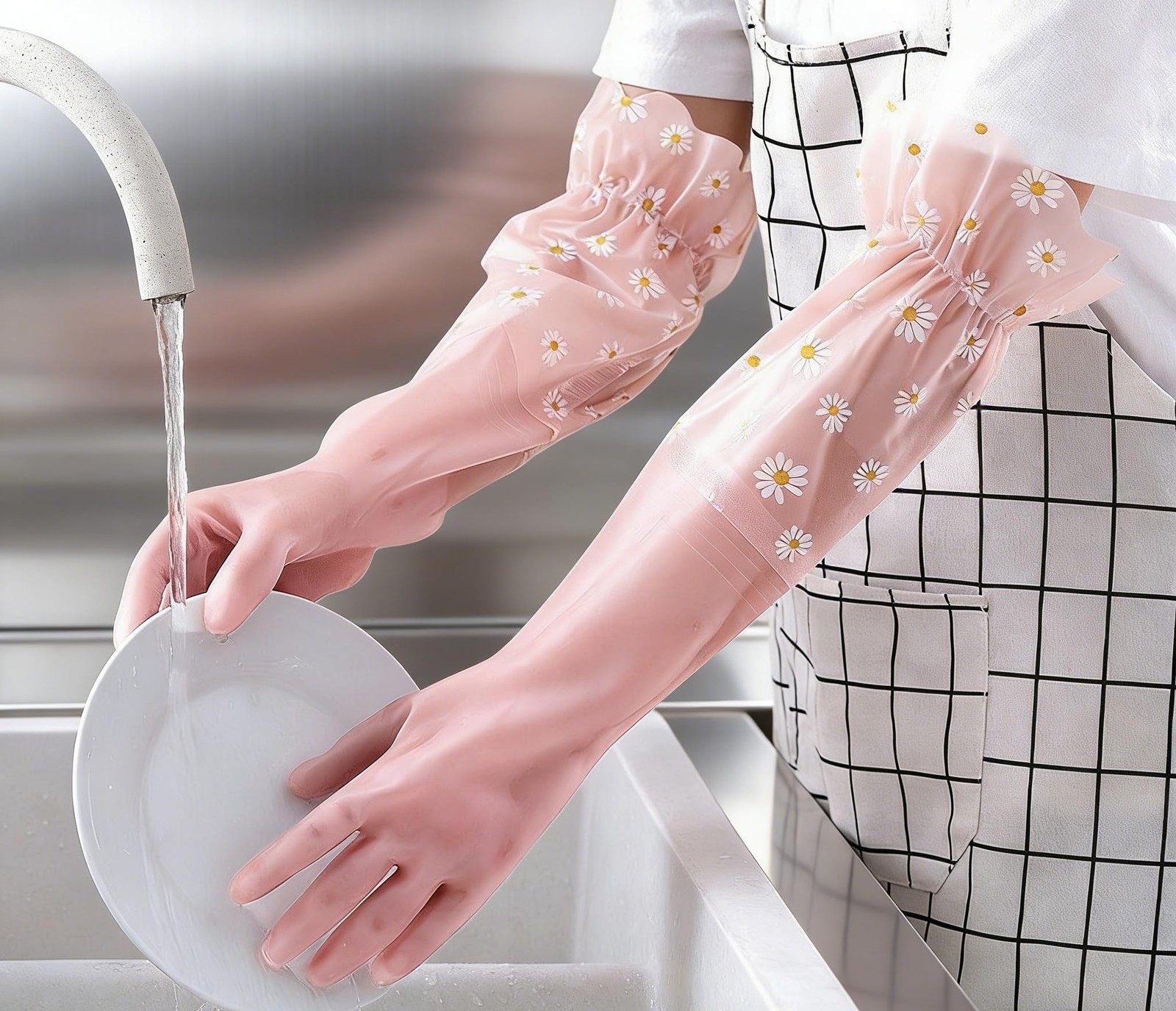 ITISMUNGO Dishwashing Cleaning Gloves Thick Waterproof String, Pink and White
