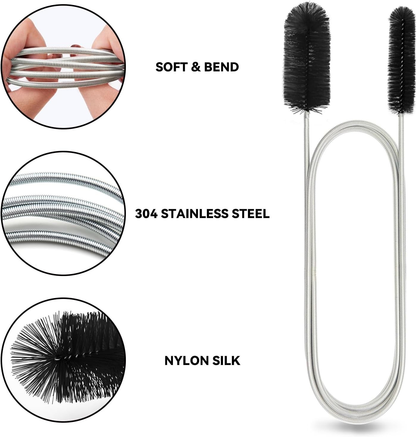 2 Pack Flexible Drain Brush 66 Inch Long Double Ended Hose Pipe Cleaners Black