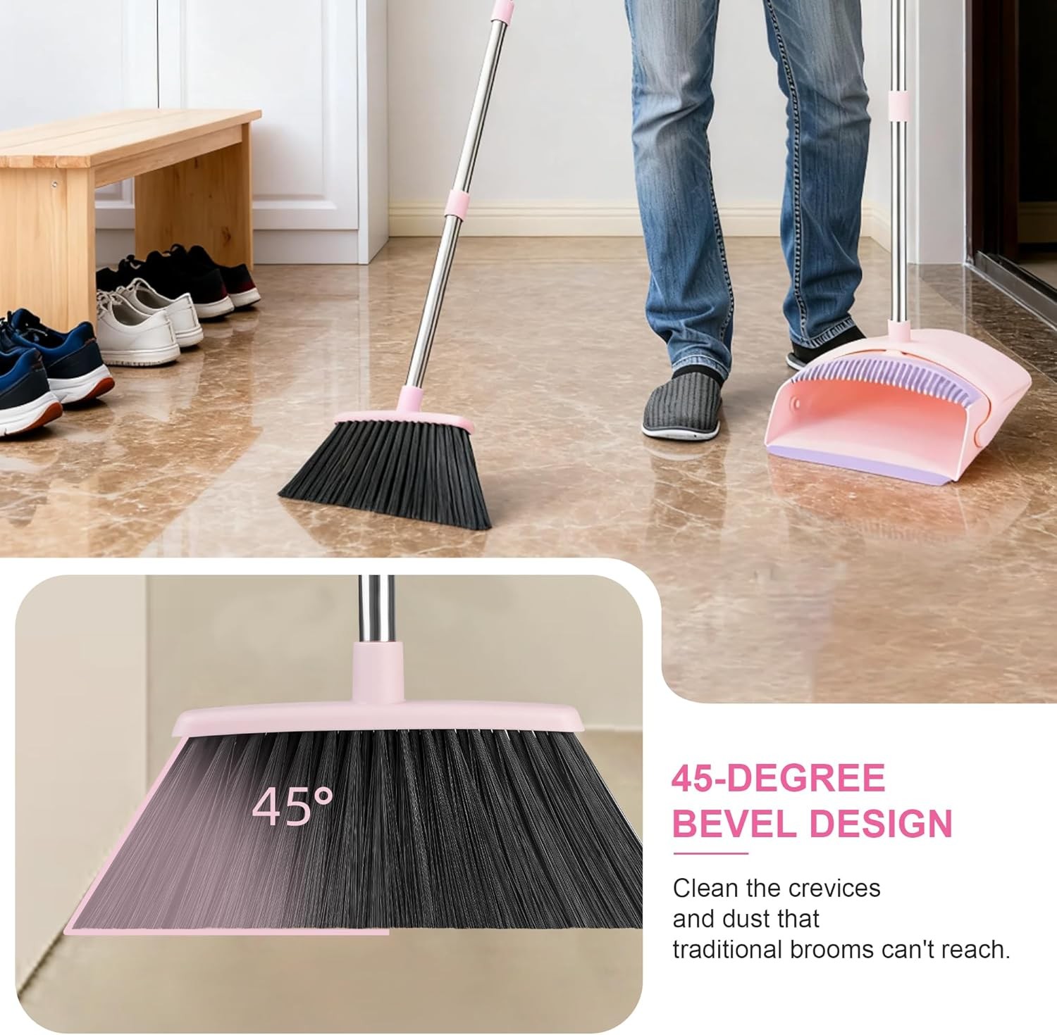 Pink Broom and Dustpan Set, 52-in Handle Broom Dustpan bo Set