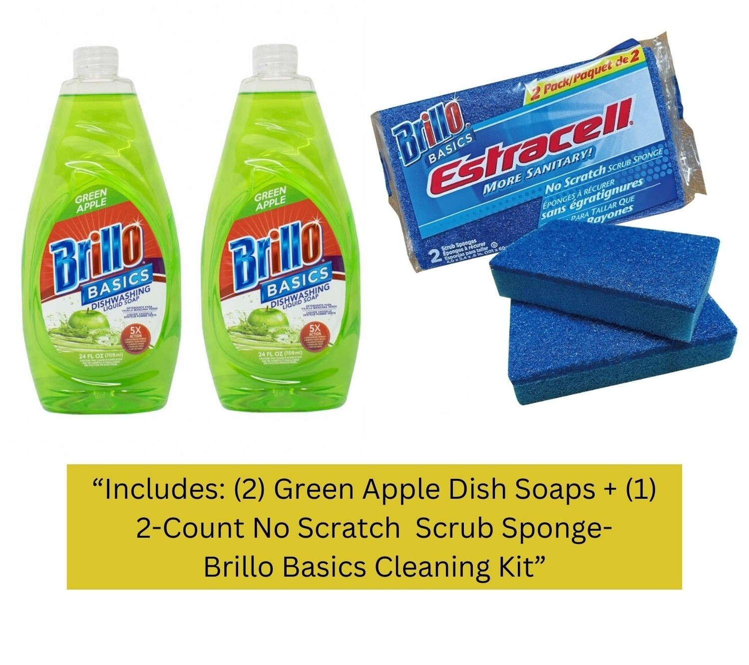 Brillo Basics Green Apple Dish Soap (2-Pack) + Scrub Sponge 3 Piece Cleaning Kit