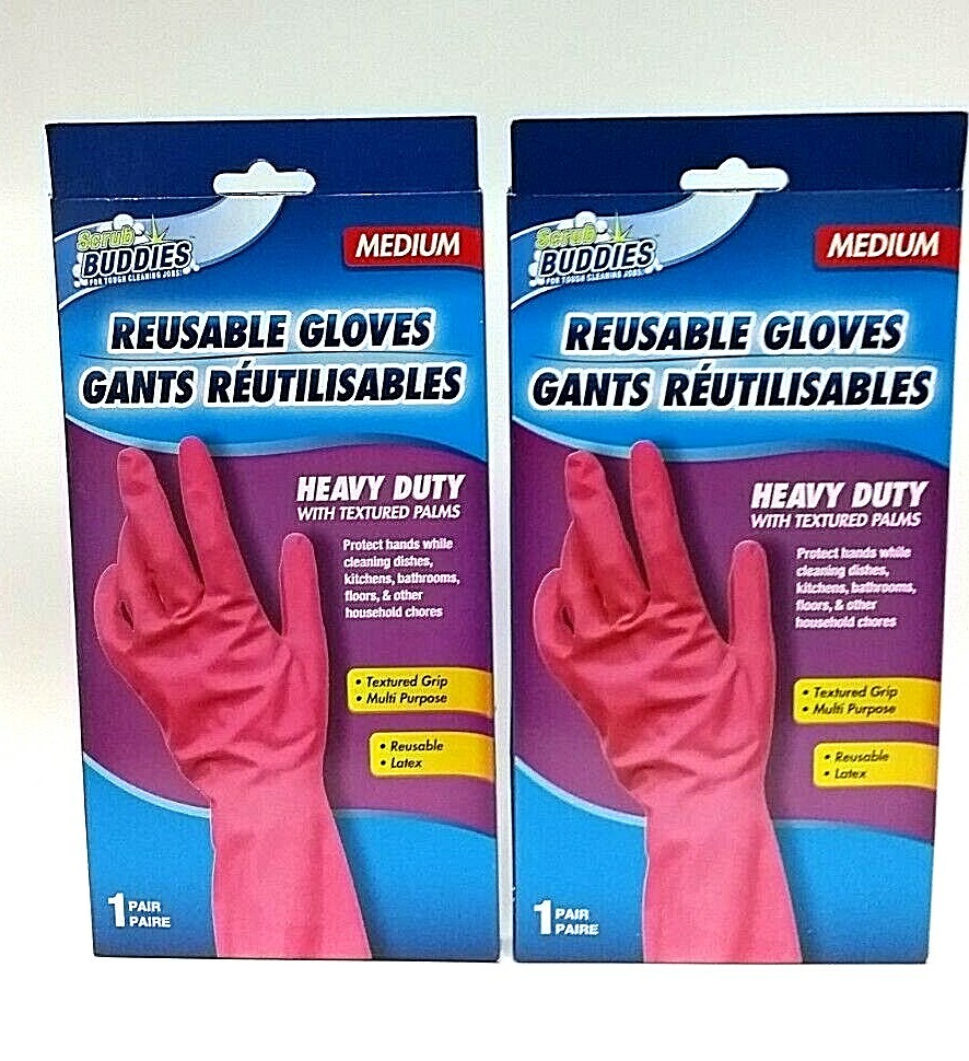 2 Pack SCRUB BUDDIES PINK HEAVY DUTY REUSABLE LATEX GLOVES SIZE MEDIUM 1Pair/Pk
