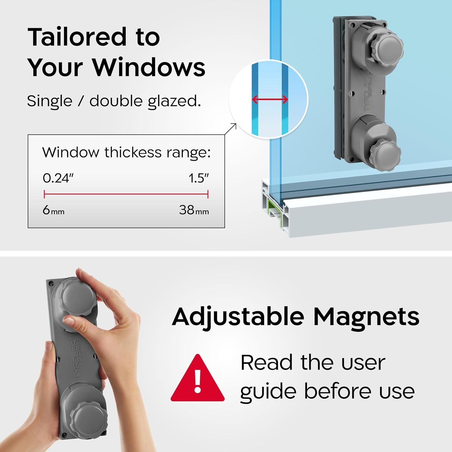 Magnetic Window Cleaner Tool, Double Sided Silicone, 0.24″–1.5″ Thick Window