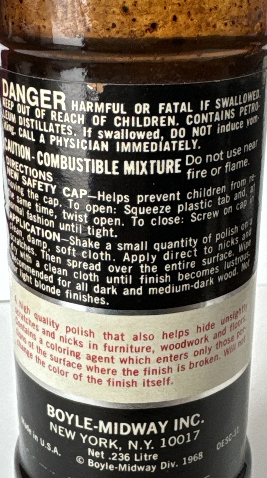 Vintage 1968 Genuine Old English Furniture Scratch Cover Glass Bottle about 3/4