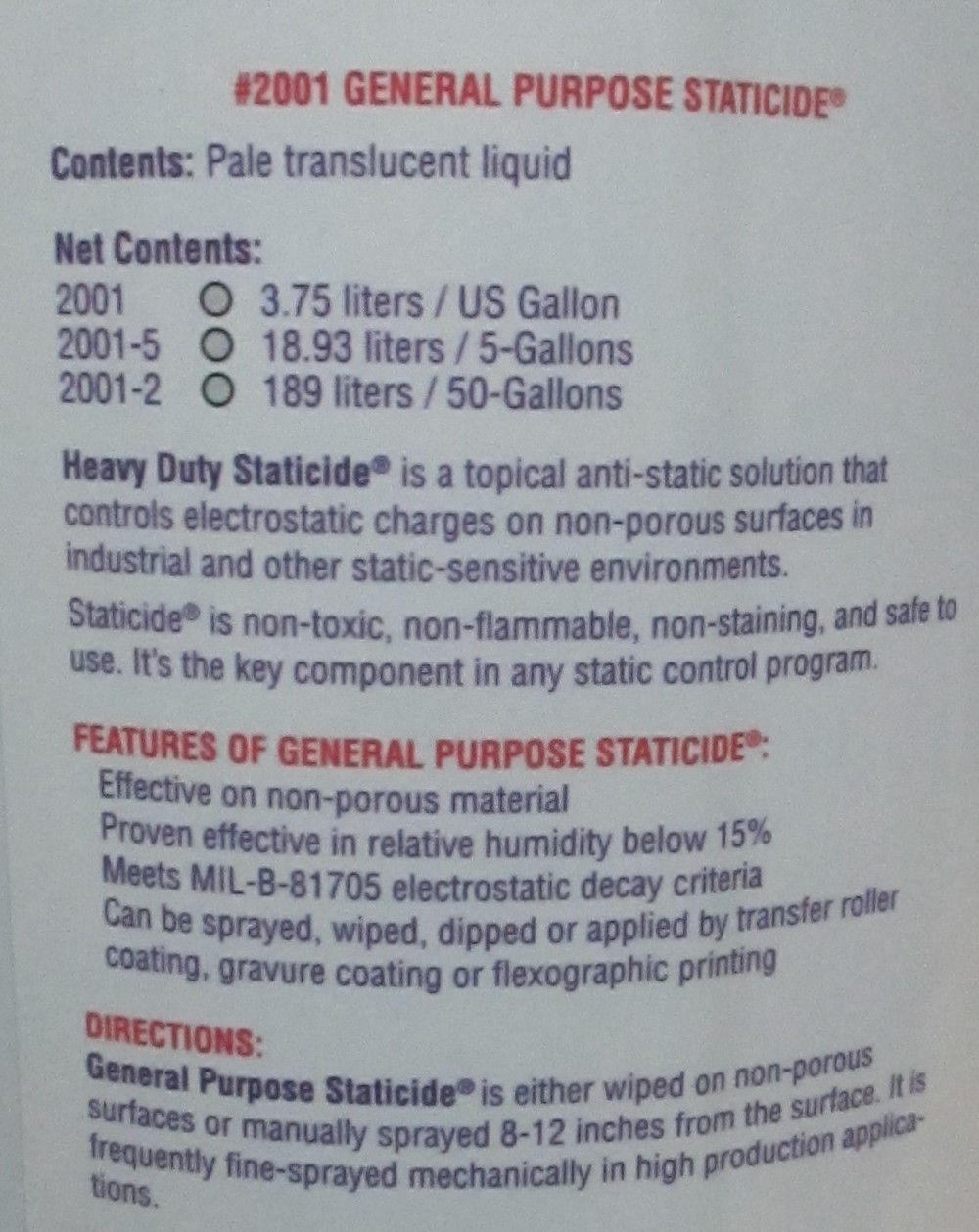 ACL Staticide 2001 General Purpose Anti-Static Solution Non-Porous 1 Gal 3.75L
