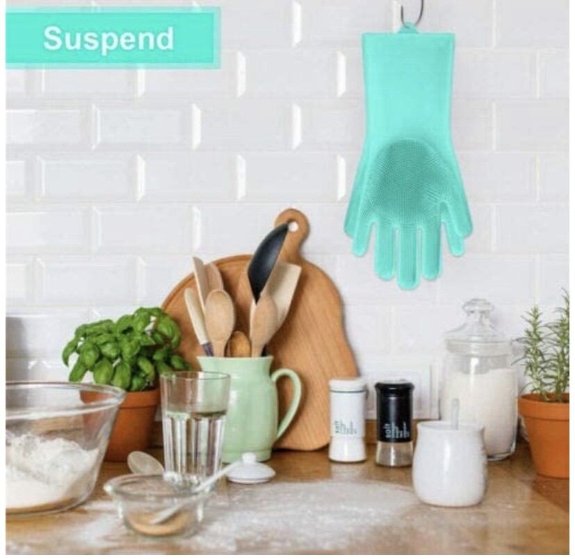 JWQ Dishwashing Silicone Scrubber Gloves with Bristles 2 Pairs