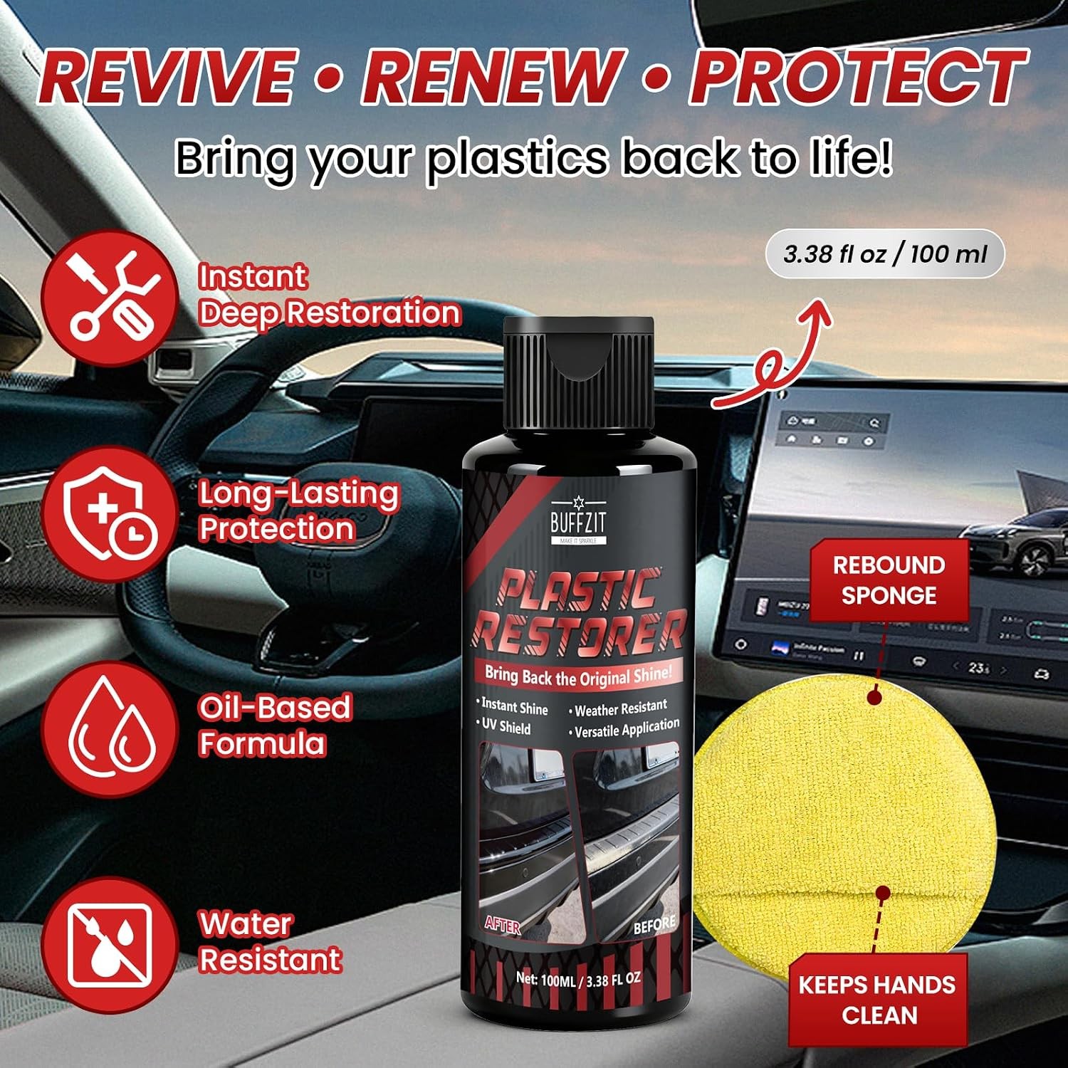 Car Black Trim Plastic Restorer 3.38 oz UV Faded Bumper Vinyl Rubber Applicator