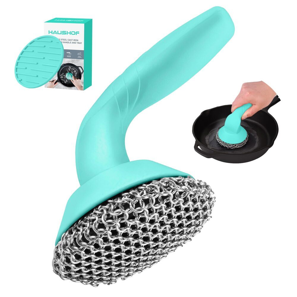 HAUSHOF Cast Iron Scrubber with Long Handle Kitchen Cleaning Kit for Grill Oven