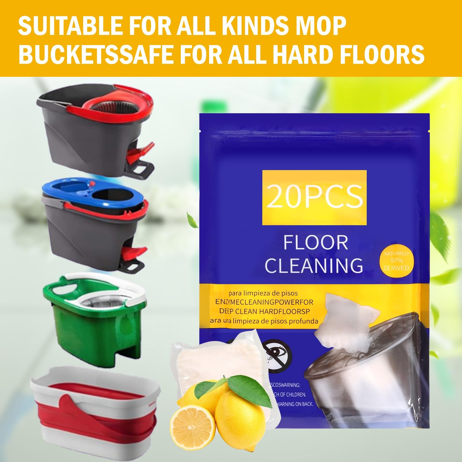 Hard Floor Cleaner, Lemon Fresh Scent, 20 count (1 Packet) | Made From 97% Na…