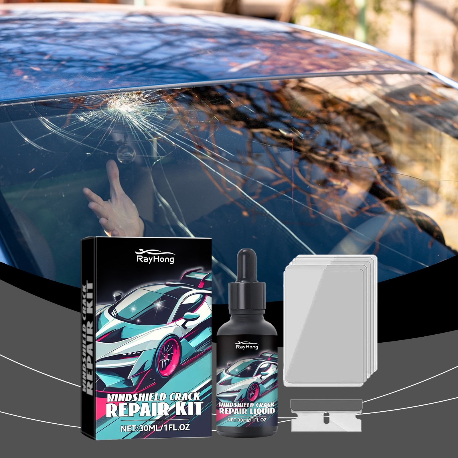 Windshield Crack Repair Kit – Fast Repair Rock Chip Resin UV Cure for Auto