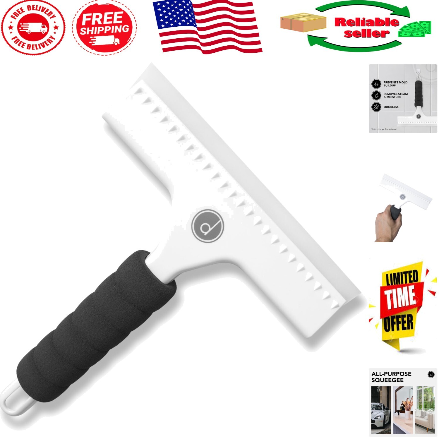 Versatile 8-Inch Foam Handle Squeegee for Windows, Showers, and Cars – White