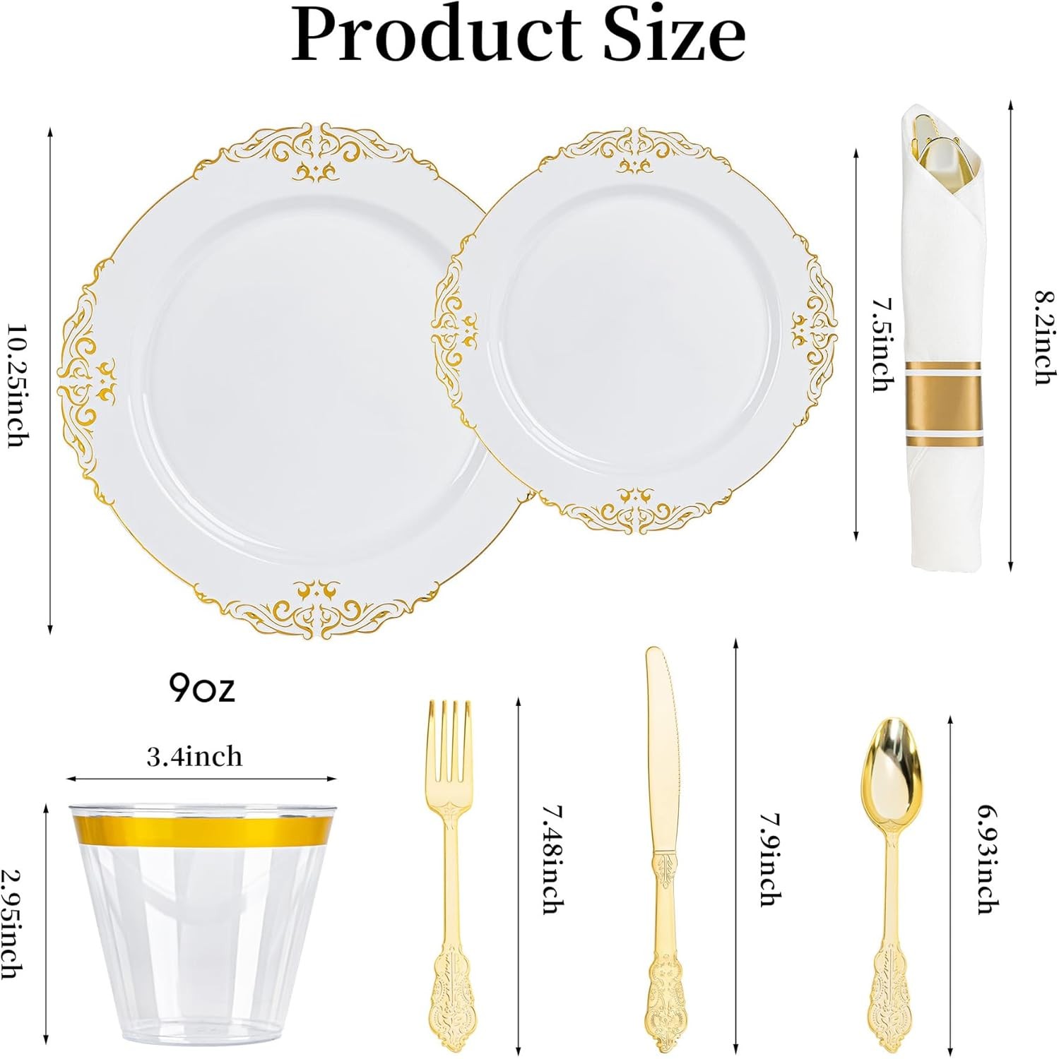 350PCS Gold and White Plastic Plates, Gold Plastic Dinnerware Sets for 50 Gues