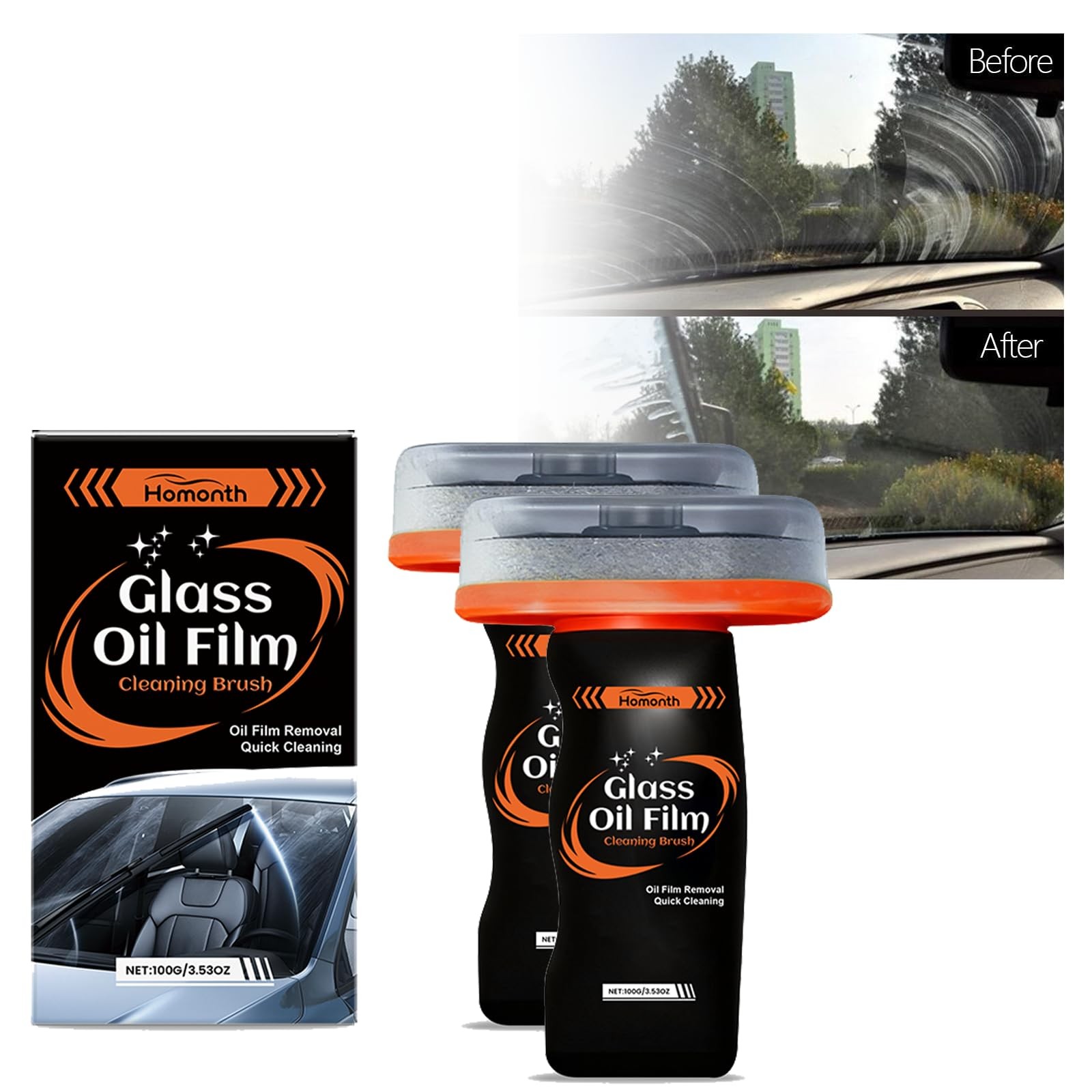 2PC Glass Oil Film Remover Automotive Cleaner for Residue & Road Grime