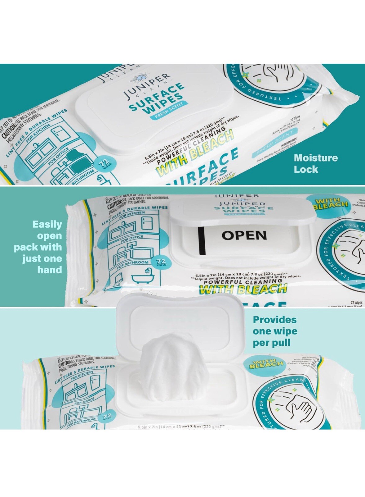 864-JUNIPER CLEAN SURFACE WIPES FRESH SCENT POWERFUL CLEANING WBLEACH 12pks