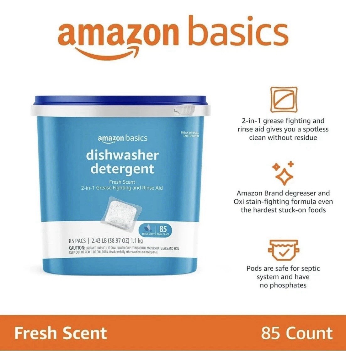 Lot 6 New Dishwasher Detergent PODS Pacs FRESH SCENT (510 TOTAL) Amazon Basics