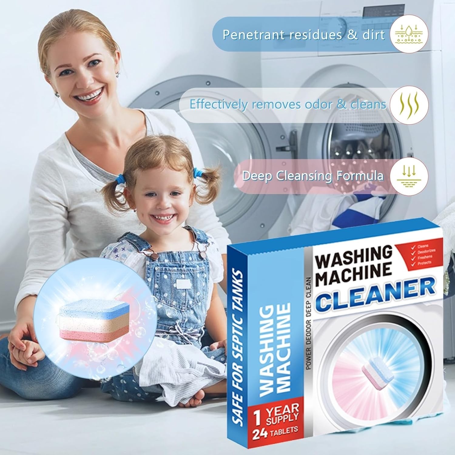 24 Pack Washing Machine Cleaner Descaler Tablets -Deep Clean HE Front & Top Load