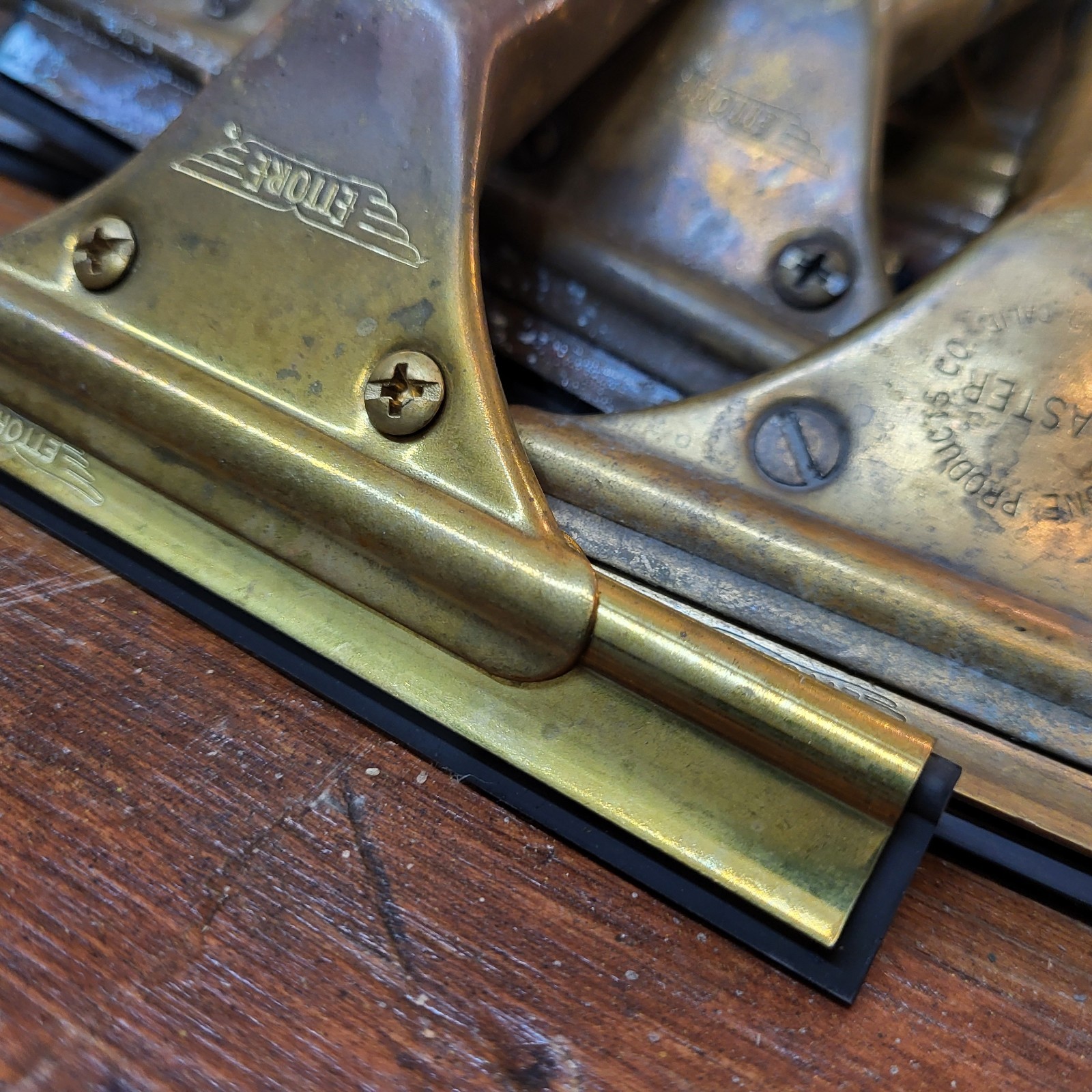 Huge Vtg Ettore Master Squeegee Brass Lot (13) Various Sizes 16″ 14″ 8″ 6″ GUC