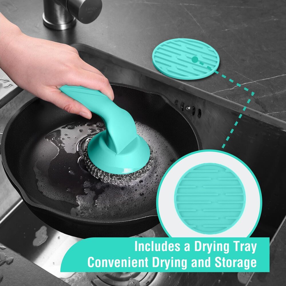HAUSHOF Cast Iron Scrubber with Long Handle Kitchen Cleaning Kit for Grill Oven