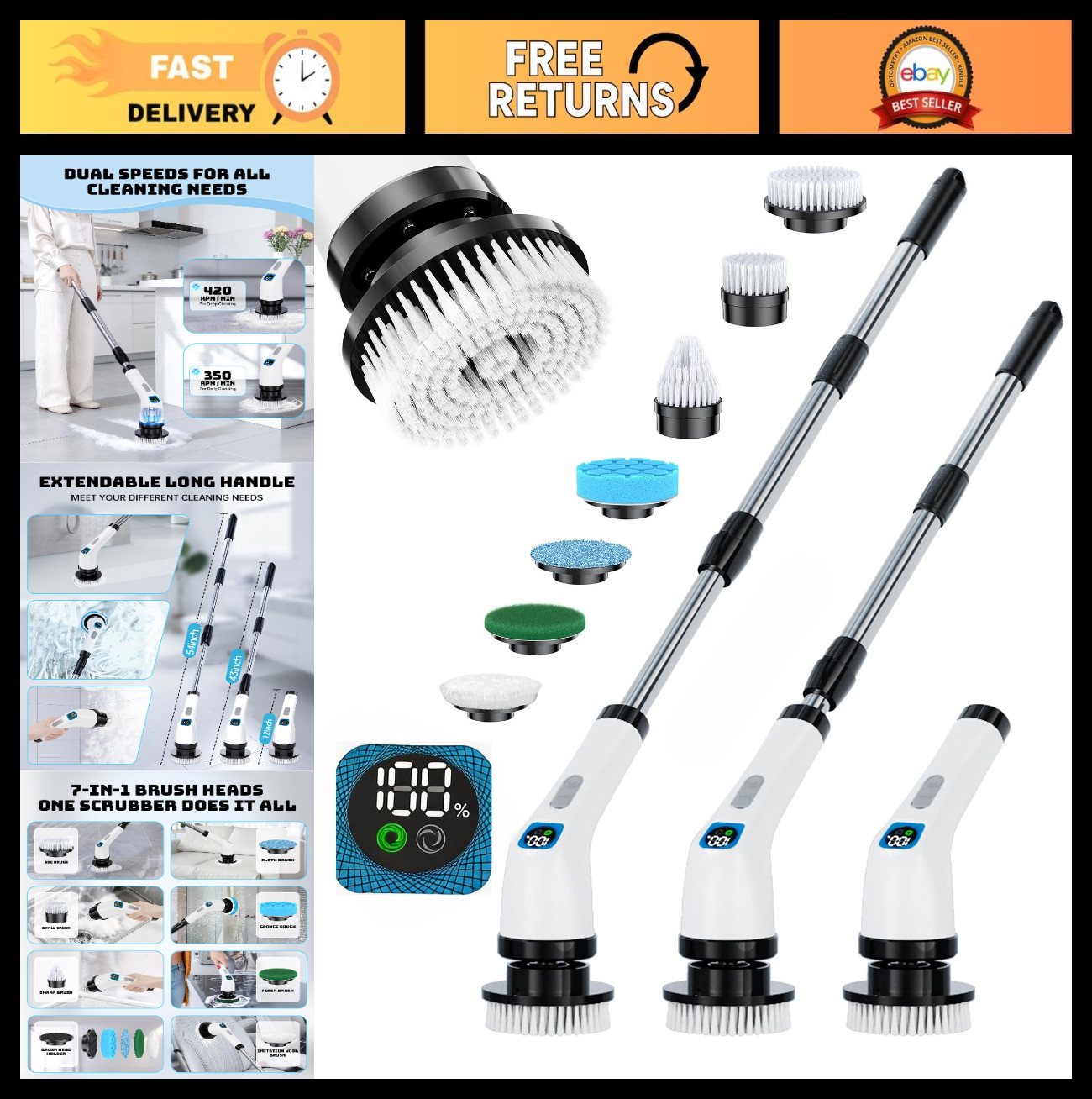 Cordless Electric Spin Scrubber – Long Handle Bathroom Cleaner with 7 Brush Head