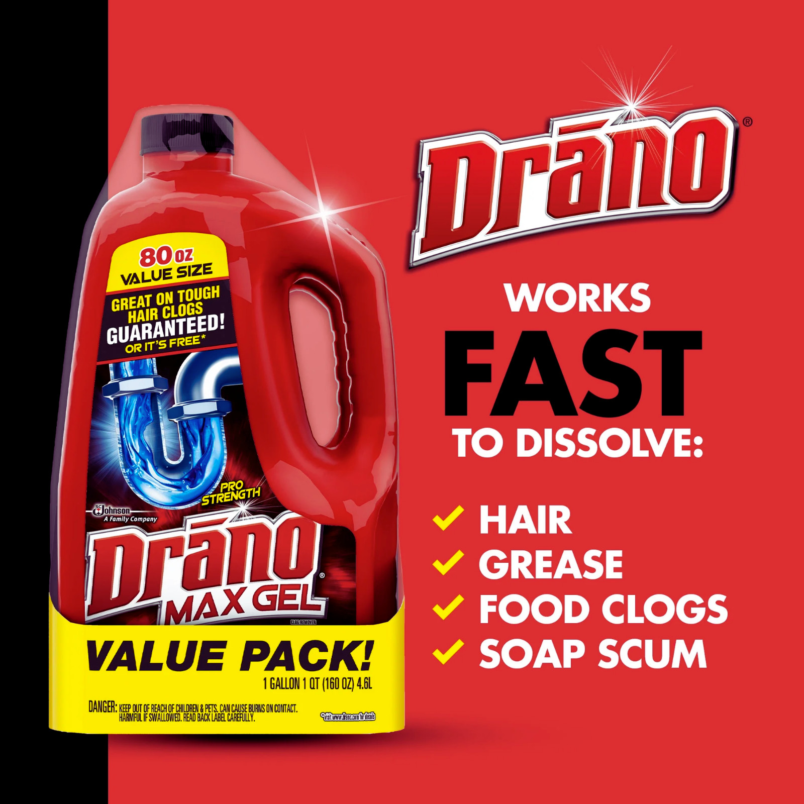 Drano Max Gel Drain Clog Remover 160oz (2 Pack) Two 80oz Bottles Bulk Value NEW