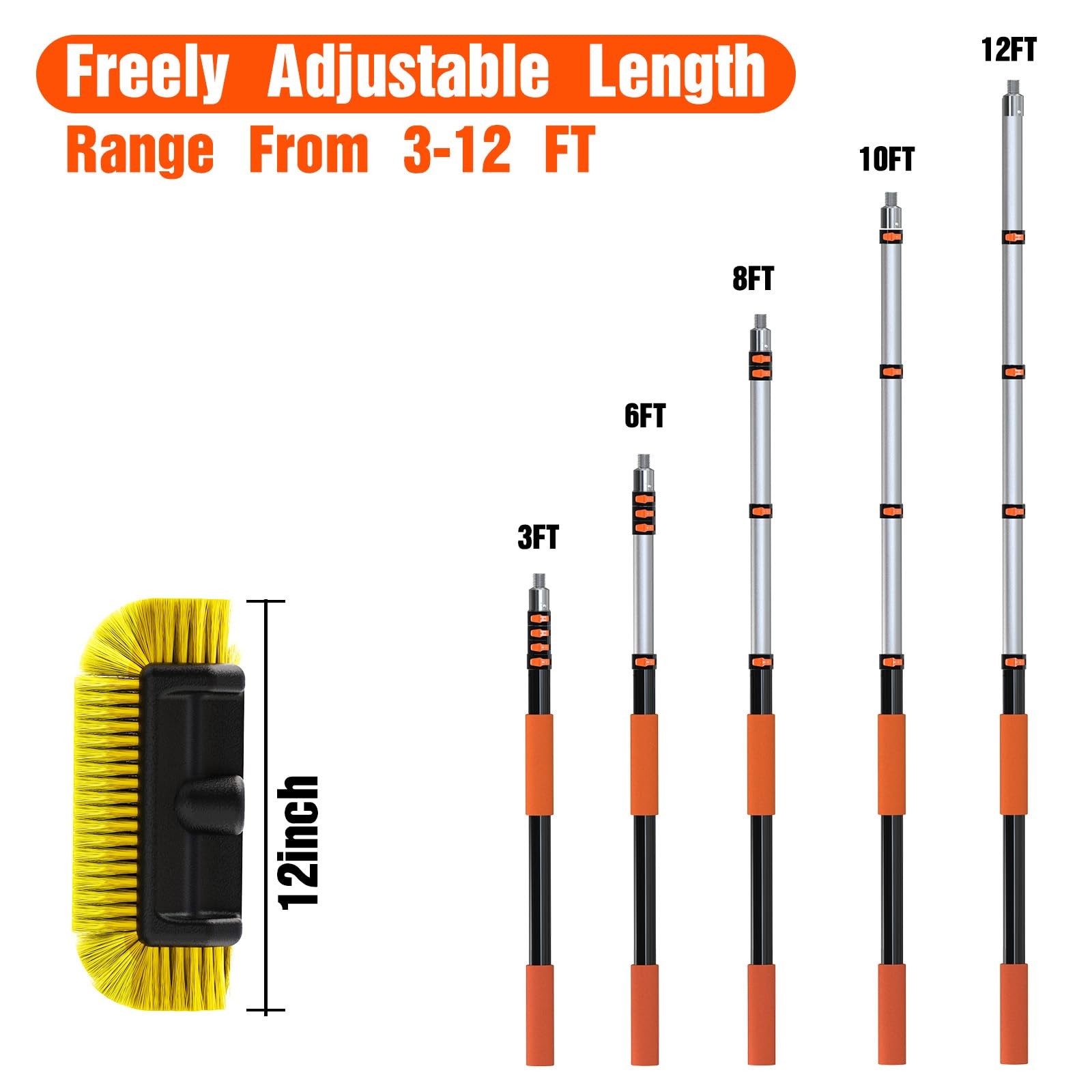 12FT Car Wash Brush with Long Handle, Soft Bristles for RV, Truck, Boat Cleaning