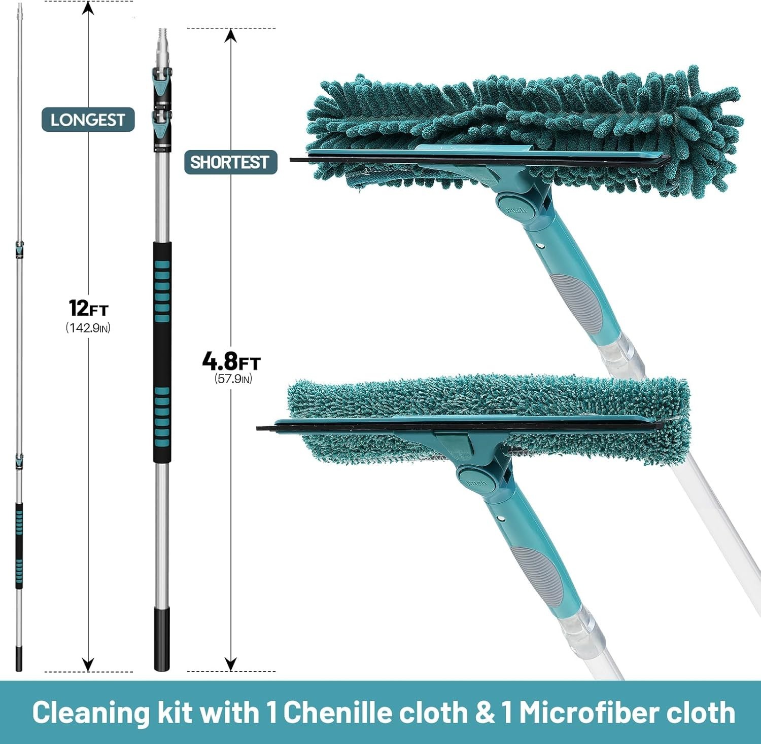 5-12 ft Window Squeegee with Extension Pole, Window Cleaner Tool with 3-Stage…