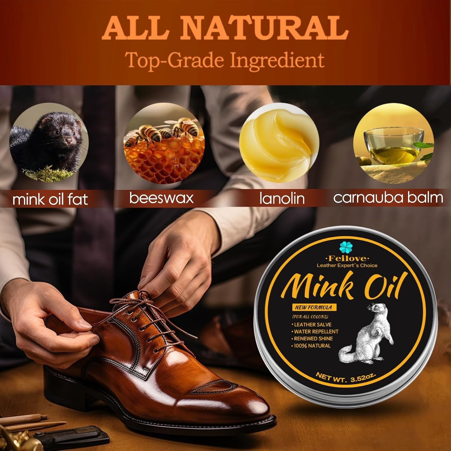 4-in-1 Mink Oil Leather Conditioner & Cleaner 3.52oz Waterproof Formula
