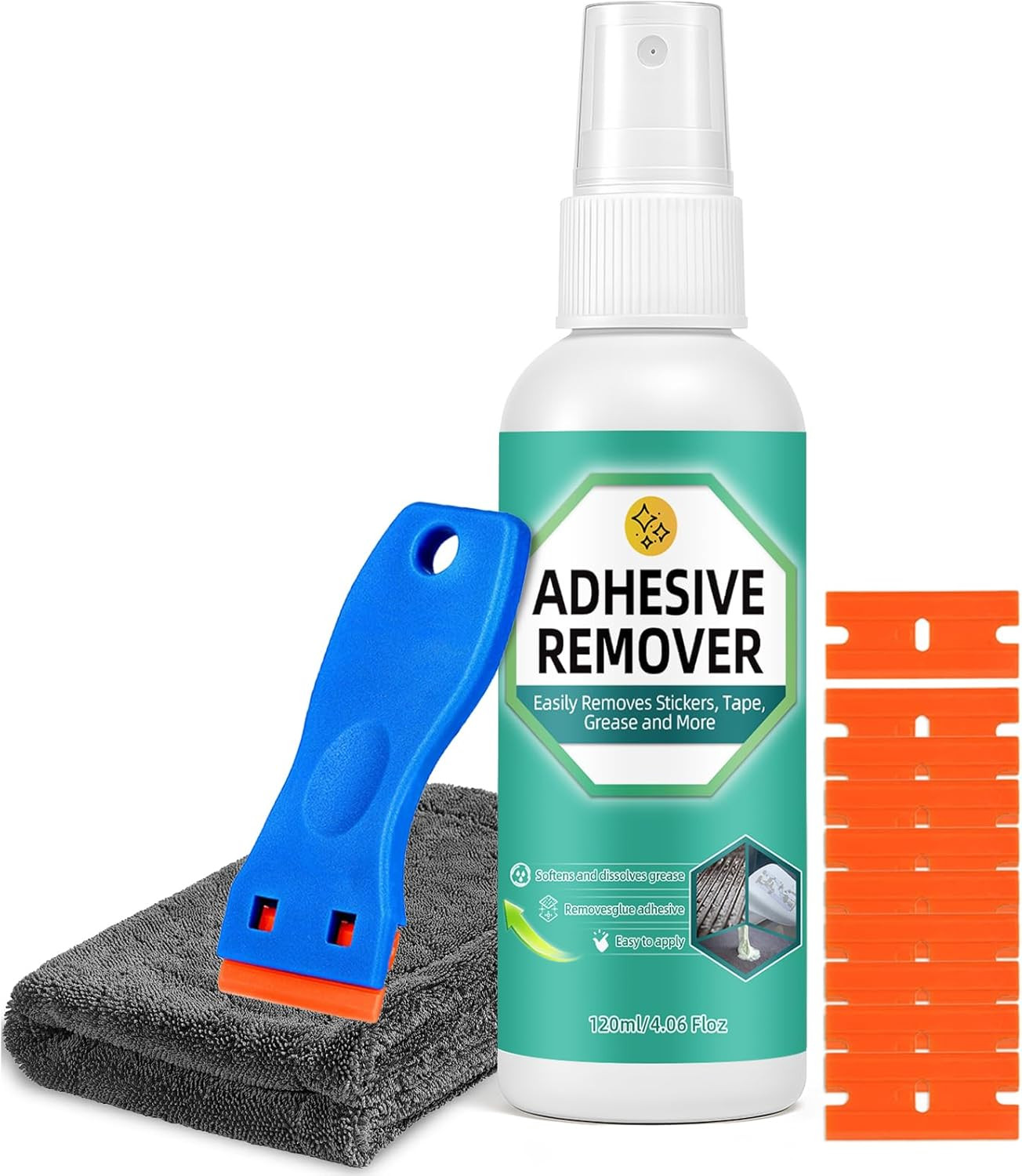 Adhesive Remover Spray, 4.06 Oz Glue Remover with Plastic Scraper and Towel, Sur