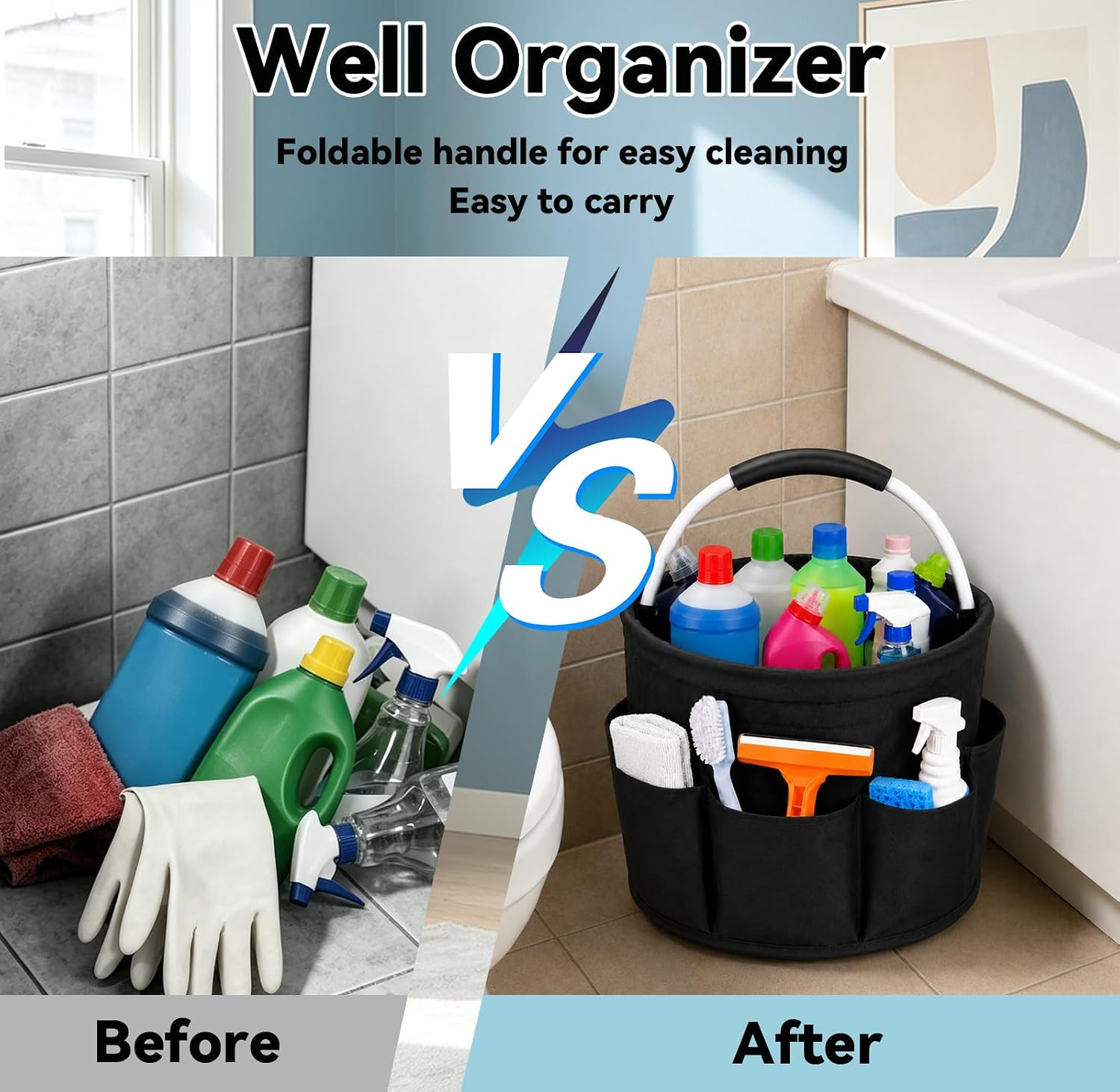 Cleaning Caddy with Handle, 17L Foldable Cleaning Supply Organizer with 6 Pocket