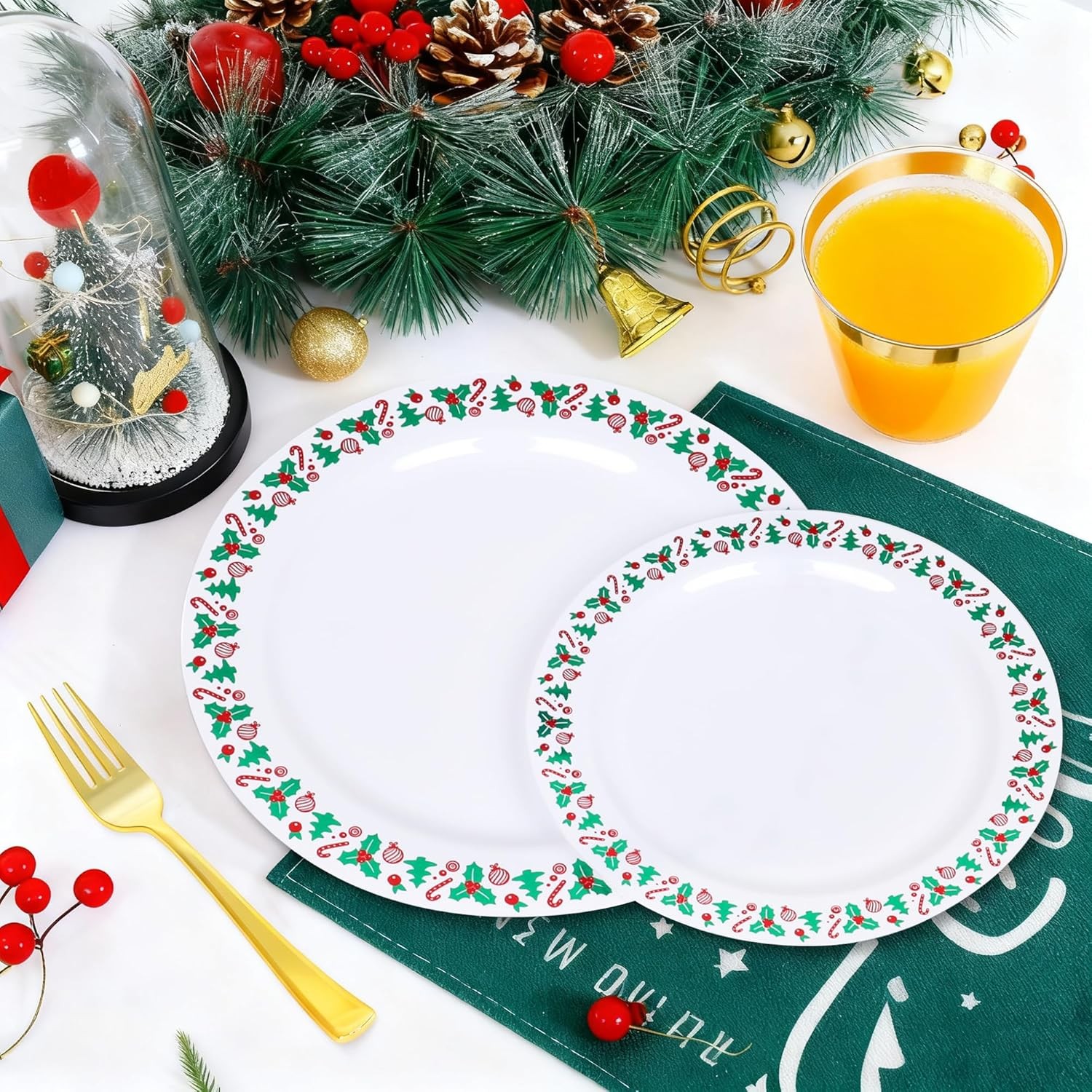 350pcs Christmas Disposable Plates & Cutlery Set – Plastic Plates, Tree Design