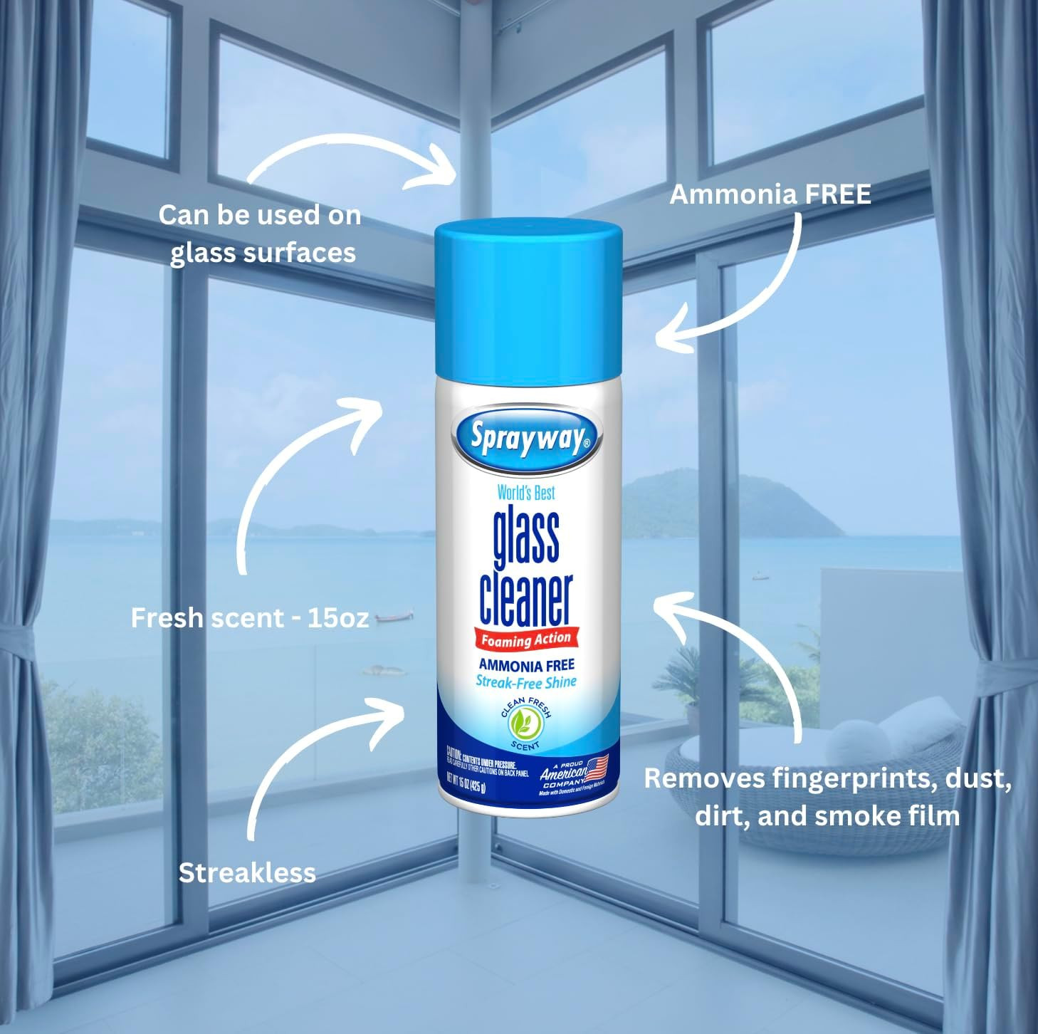 Sprayway Glass Cleaner Foaming Aerosol Spray, 15Oz, Pack of 6 | Ammonia-Free, St