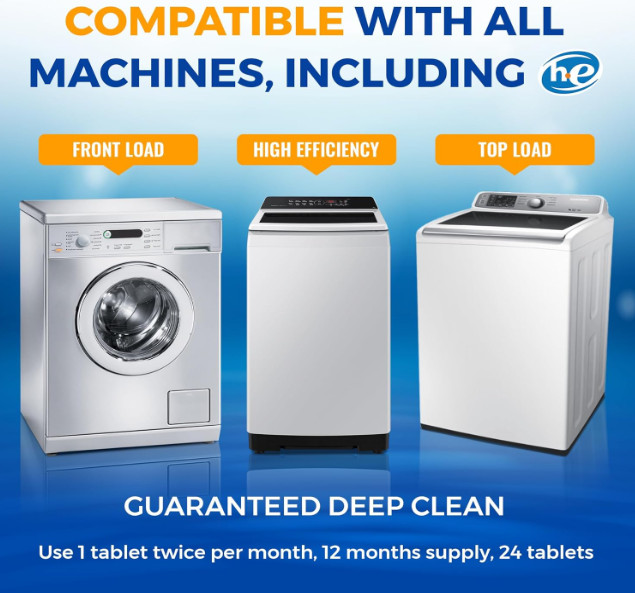 Washing Machine Cleaner Descaler 24 Pack – Deep Cleaning Tablets for HE Front &