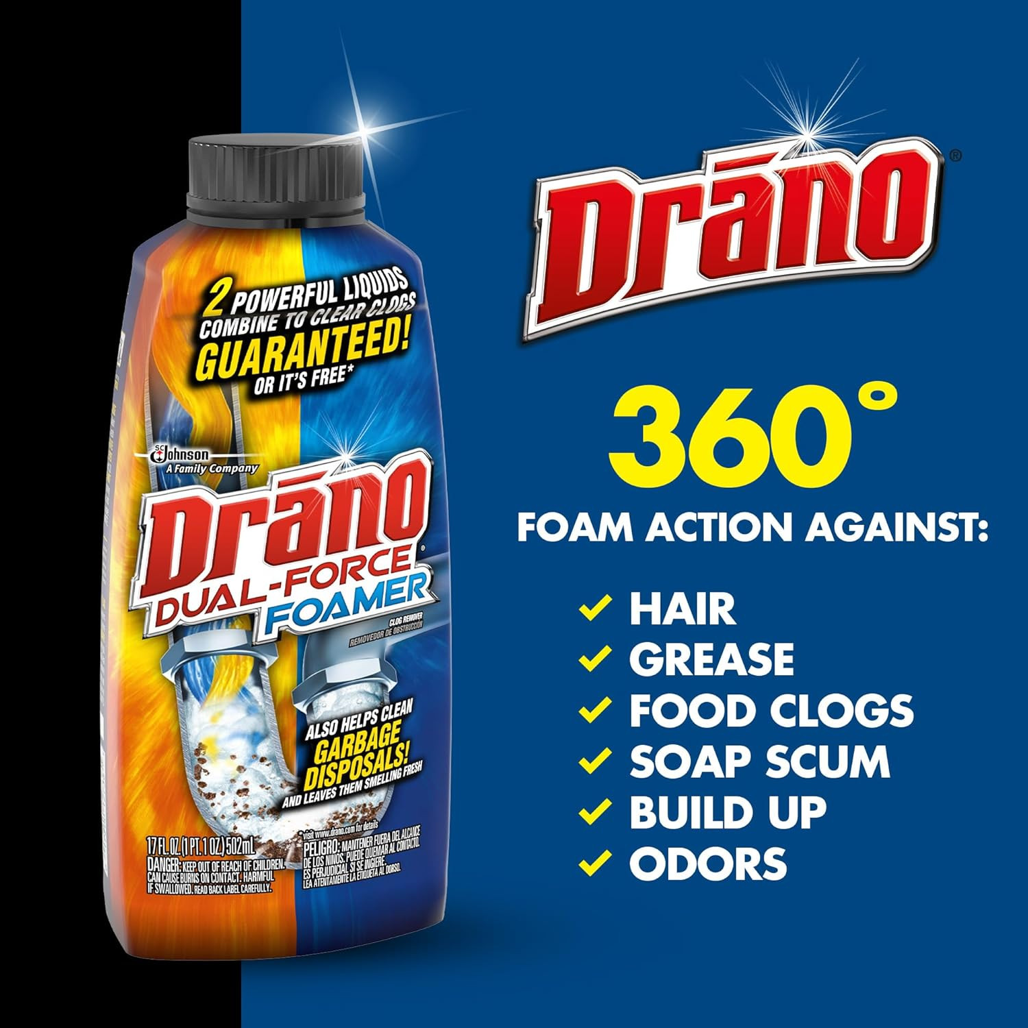 Dual-Force Foamer Drain Clog Remover Cleaner for Shower Sink Drains 17 Fl Oz