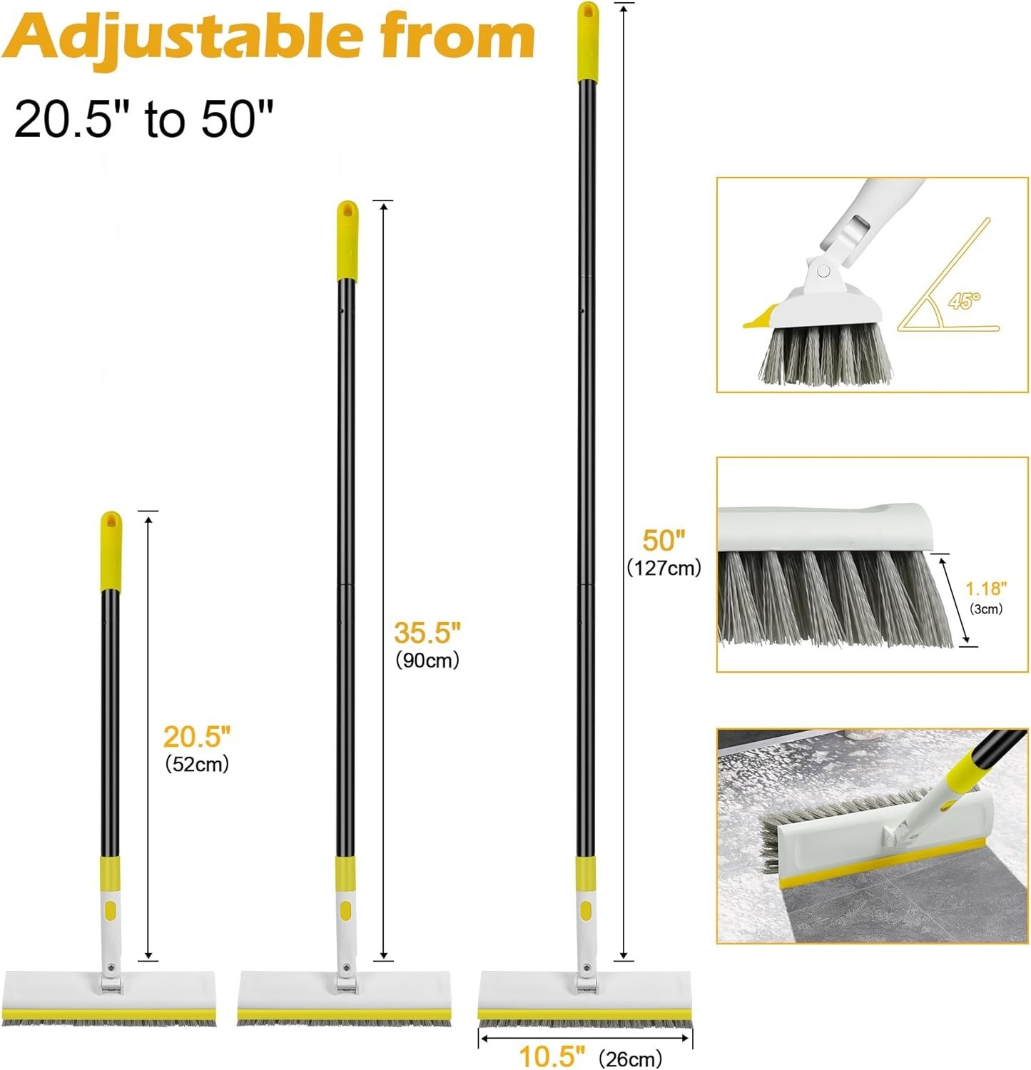 Cepillo Para Fregar Pisos Con Mango De 50″ De Largo Y Rotaci�N De 180�, 2 En 1