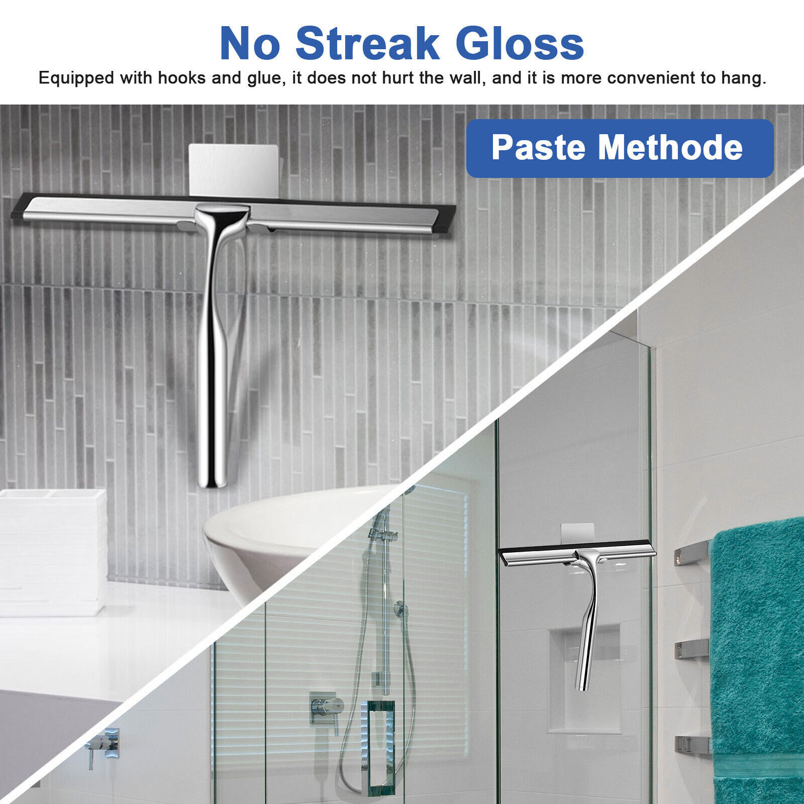 1Pc Stainless Steel Shower Squeegee for Car with 1 Adhesive Hook Silver Bathroom