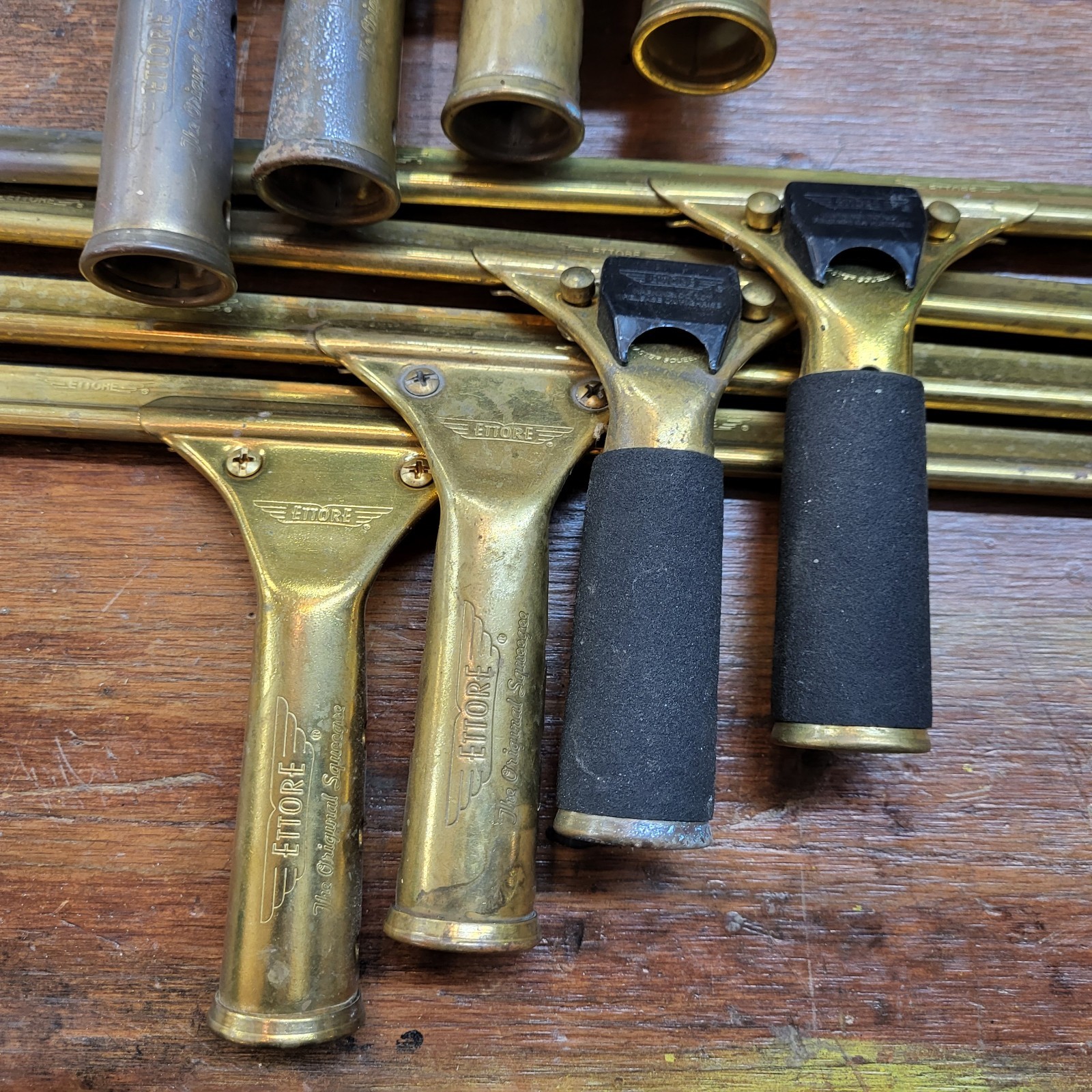 Huge Vtg Ettore Master Squeegee Brass Lot (13) Various Sizes 16″ 14″ 8″ 6″ GUC