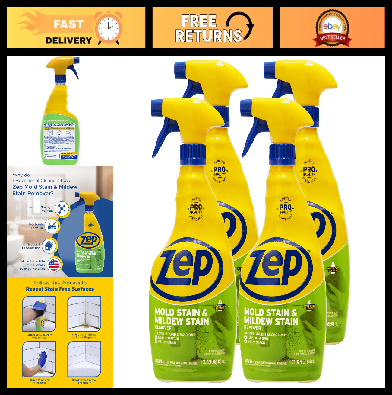 Mold & Mildew Stain Remover – 32 oz (Pack of 4) – Professional Strength No Scrub